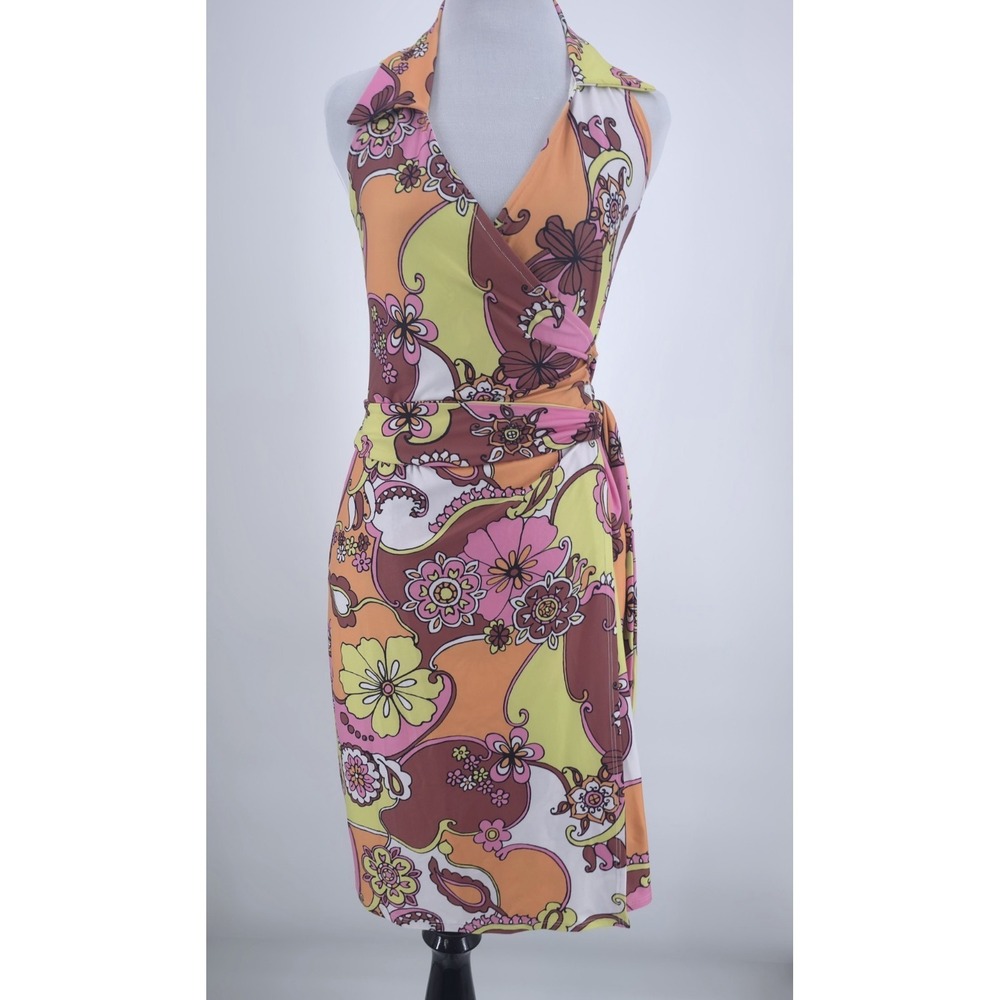 Kokoon Womens Retro Floral Halter Wrap Dress Pink Orange Yellow XS Made in USA